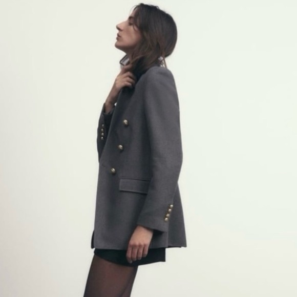 Zara Grey Gray Double Breasted Knit Wool Like Structured Military Blazer Jacket - Picture 14 of 16